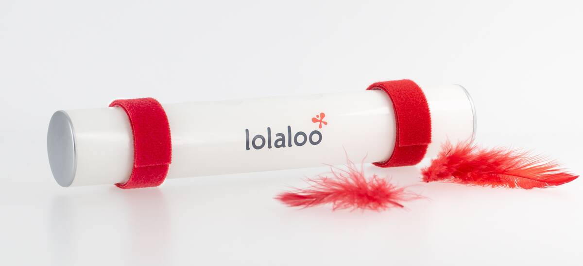 The lolaloo Sleeping Aid Creates Calming Rocking Movements on the Stroller that Help Babies Fall Asleep. Product and Red Feathers.