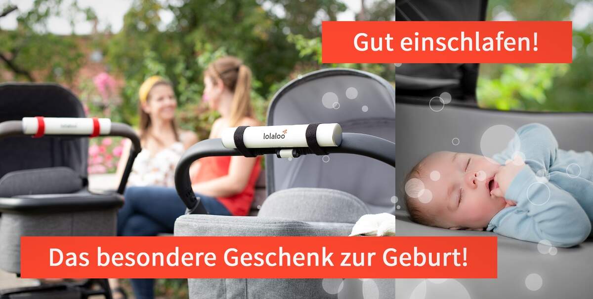 Die Baby Einschlafhilfe lolaloo erzeugt am Kinderwagen Schaukelbewegungen und hilft Babys beim Einschlafen. Das besondere Geschenk zur Geburt, fertig verpackt und mit Grußkarte.