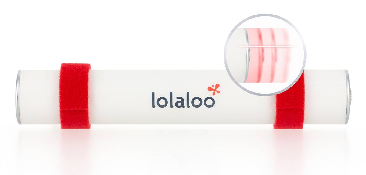 Die automatisch schaukelnde Einschlafhilfe lolaloo für Babys. Produktfoto des lolaloo mit roten Klettbändern.