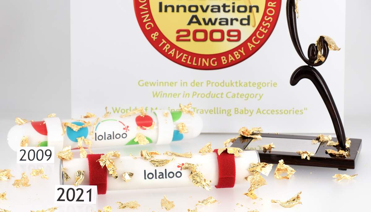 Internationale Auszeichnung der Einschlafhilfe für Babys lolaloo im Jahr 2009. Erster Preis und Produktmodell 2021.