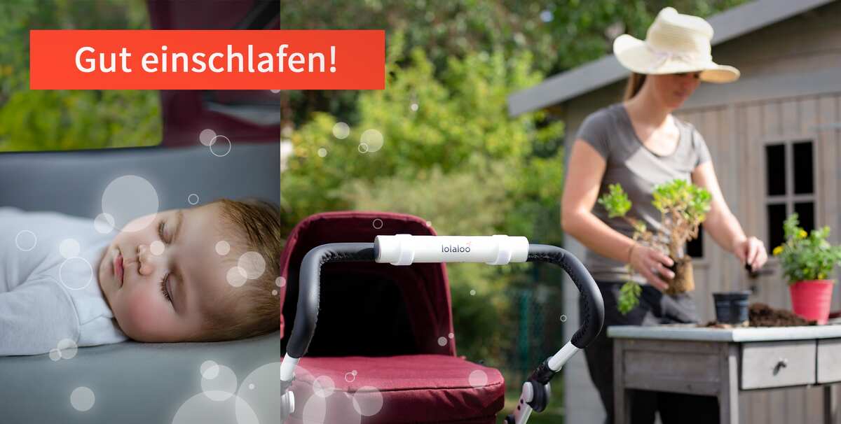 Die Baby Einschlafhilfe lolaloo beruhigt Babys. Erholen bei der Gartenarbeit.