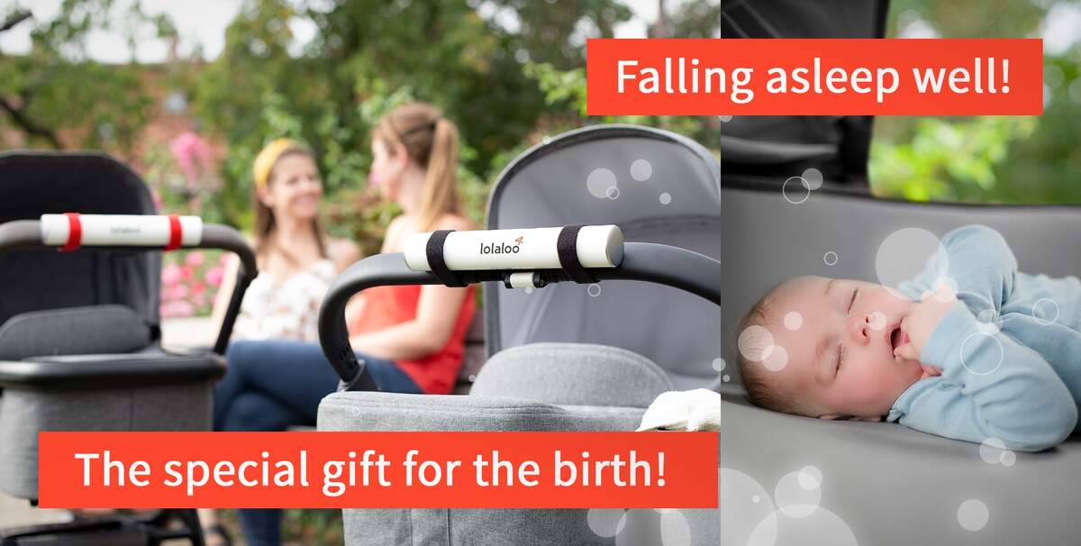 The Baby Sleeping Aid lolaloo creates Rocking Movements on the Stroller and Helps Babies Fall Asleep. The Special Gift for Birth, Already Wrapped and with Greeting Card.